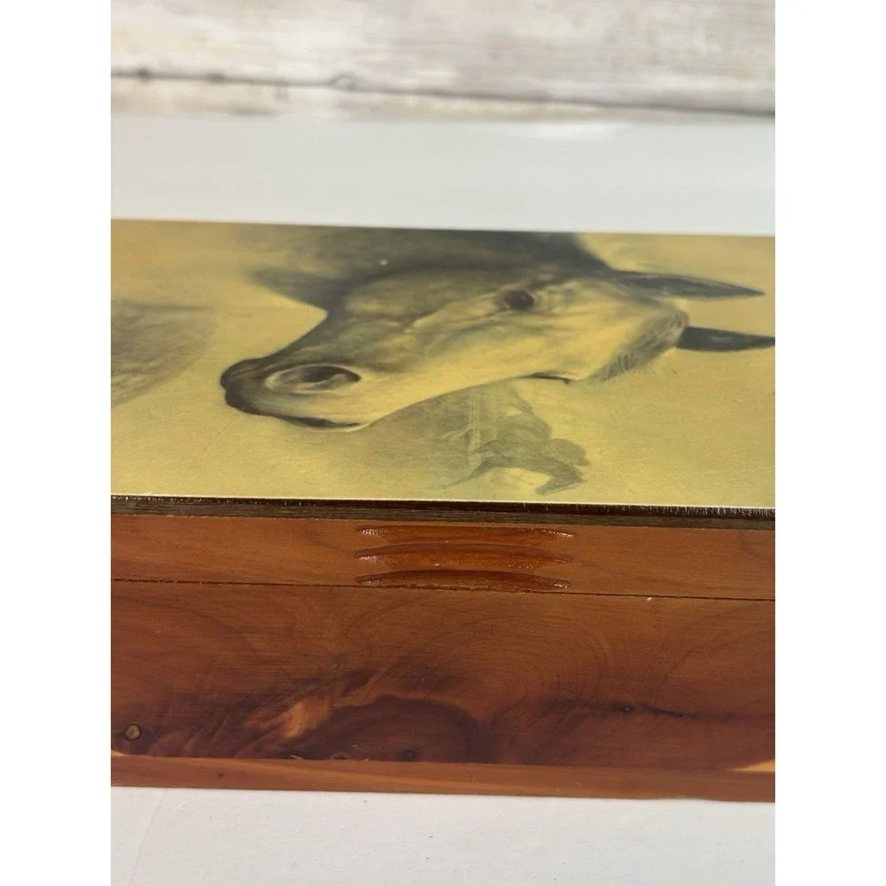 Cedar Wood Trinket Box With Horses Vintage 4x6